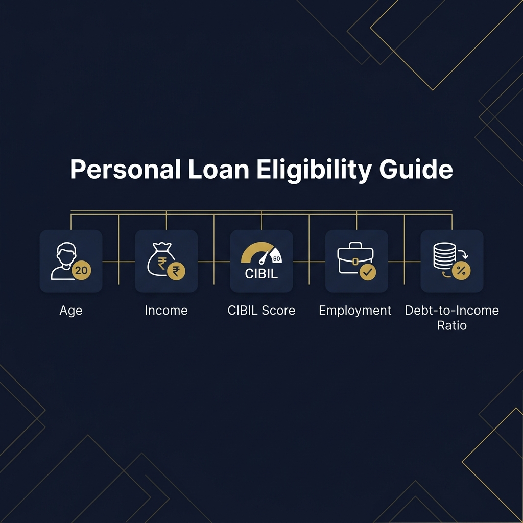 Personal Loan Eligibility Guide showing 5 pillars: Age, Income, CIBIL Score, Employment, and Debt-to-Income Ratio